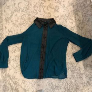 Sheer teal shirt with leather details